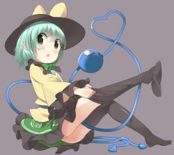  bad_id bad_pixiv_id black_thighhighs dressing feet female green_eyes green_hair hat heart heart_of_string komeiji_koishi sitting skirt sock_dangle sock_pull solo supershiruco thighhighs touhou 