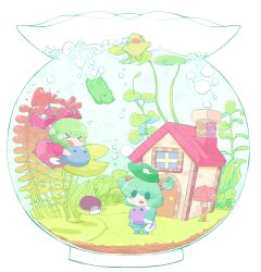  &gt;_&lt; 2girls air_bubble bad_id bad_pixiv_id blush_stickers bubble chibi chimney closed_eyes door dress fishbowl frills frog grass green_hair hair_bobbles hair_ornament hair_ribbon house kagiyama_hina kawashiro_nitori leaf lily_pad mailbox_(incoming_mail) multiple_girls nura_(oaaaaaa) open_mouth ribbon rooftop submerged swimming tadpole touhou underwater window 