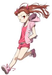  blush brown_eyes brown_hair commentary_request female hairband hands_in_pockets hood hoodie idolmaster idolmaster_(classic) long_hair minase_iori one_eye_closed pink_shorts polka_dot shorts simple_background solo stuffed_animal stuffed_rabbit stuffed_toy ttomm usa-chan_(idolmaster) 