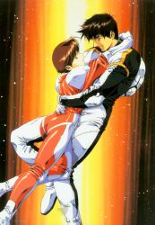  1990s_(style) 1boy ass assault_suits_series assault_suits_valken couple crea_coral female good_end highres hug jake_brain military military_uniform ncs official_art photoshop_(medium) pilot_suit promotional_art retro_artstyle scan science_fiction short_hair spacesuit straight uniform urushihara_satoshi 