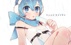  blue_eyes blue_hair blue_scarf blush bow commentary female food genderswap_(mtf) gwayo headphones headset kaiko popsicle rule_63 scarf scarf_bow short_hair solo vocaloid white_background 