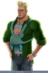  1boy artist_name baby babywearing belt blonde_hair blue_eyes blue_pants blue_shirt broad_shoulders brown_belt casual character_name chris_(street_fighter) closed_eyes closed_mouth collarbone collared_shirt commentary denim english_commentary english_text father_and_daughter female good_end green_shirt guile hands_on_own_hips highres jaimito jeans male_focus manly muscular muscular_male open_clothes open_shirt pacifier pants plaid plaid_shirt serious shirt shirt_tucked_in short_hair simple_background sleeves_rolled_up standing street_fighter undershirt watch web_address white_background wristwatch 