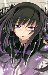  akemi_homura akemi_homura_(magical_girl) armcho black_hair blood blood_on_face commentary_request female hairband long_hair looking_at_viewer mahou_shoujo_madoka_magica mahou_shoujo_madoka_magica_(anime) photoshop_(medium) purple_eyes solo torn_clothes upper_body 