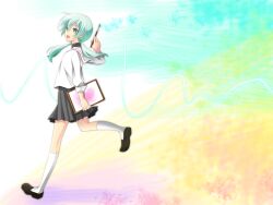  aqua_hair art_brush commentary_request female green_eyes hatsune_miku kneehighs loafers long_hair open_mouth paintbrush school_uniform serafuku shoes skirt socks solo tsujiori twintails vocaloid 