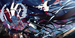  2girls black_hair black_rock_shooter black_rock_shooter_(character) black_rock_shooter_(game) blue_eyes boots commentary_request flaming_eye long_hair muhaikei multiple_girls pale_skin photoshop_(medium) red_eyes scythe shorts stella_(black_rock_shooter) thighhighs twintails white_hair white_rock_shooter 