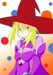  anri_airi blonde_hair bodysuit commentary_request female hat jewelry mahou_shoujo_kazumi_magica mahou_shoujo_madoka_magica marumaru. pendant polka_dot polka_dot_background solo spoon witch_hat yellow_eyes yuuri_(madoka_magica) 