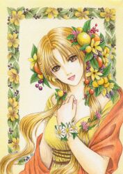  brown_eyes commentary_request demeter_(mythology) dress female flower food fruit greek_mythology kaori_natsuki long_hair orange_hair smile solo traditional_media yellow_dress 