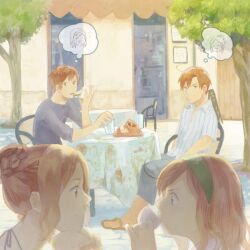  2boys 2girls arm_up axis_powers_hetalia basket braid brown_hair chibi commentary_request cup drinking dual_persona food french_braid frown genderswap_(mtf) green_eyes hair_bun hairband happy head_rest long_hair multiple_boys multiple_girls napkin open_mouth pants photoshop_(medium) rule_63 sandals short_hair single_hair_bun sitting smile southern_italy_(hetalia) spain_(hetalia) staring swept_bangs table thought_bubble wavy_hair zukki_(suzukio) 