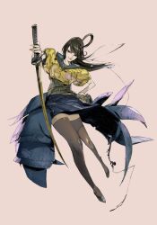  absurdres ahoge brown_hair female full_body high_heels highres katana long_hair official_art photoshop_(medium) scabbard sheath shoes simple_background sin_and_punishment skirt solo suzuki_yasushi sword thighhighs treasure_(developer) tsumi_to_batsu:_sora_no_koukeisha weapon yaju_hibaru zettai_ryouiki 