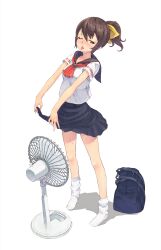  ;p bag blush brown_eyes brown_hair clothes_lift commentary_request electric_fan fanning_crotch female hot maeda_risou one_eye_closed original ponytail school_bag school_uniform serafuku shadow short_hair simple_background skirt skirt_lift socks solo standing sweat tongue tongue_out white_background 