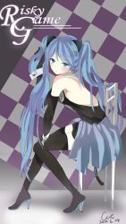  animal_ears backless_outfit bad_id bad_pixiv_id blue_eyes blue_hair boots cat_ears cat_tail chair checkered_background cut_(123) elbow_gloves female full_body gloves hatsune_miku high_heels highres kemonomimi_mode long_hair photoshop_(medium) risky_game_(vocaloid) shoes sitting solo tail thigh_boots thighhighs twintails very_long_hair vocaloid wrist_cuffs 