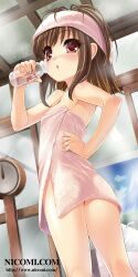  :o blush bottle brown_hair female legs looking_back nicomi.com open_mouth original red_eyes short_hair solo sorimura_youji sweat towel wet 