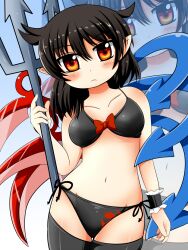  bad_id bad_pixiv_id bikini black_bikini black_hair black_thighhighs collarbone female highres houjuu_nue motsu_(selshia12) navel orange_eyes pointy_ears polearm short_hair side-tie_bikini_bottom solo swimsuit thighhighs touhou trident weapon wings wrist_cuffs zoom_layer 