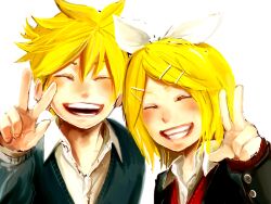  1boy blonde_hair bow brother_and_sister closed_eyes commentary_request female grin hair_ornament hairbow hairclip kagamine_len kagamine_rin kyouno siblings smile twins v vocaloid 