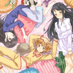  3girls alligator alternate_hairstyle barefoot black_hair brown_eyes brown_hair buntan commentary_request crocodilian from_above hair_down hanasaku_iroha hands long_hair matsumae_ohana multiple_girls navel oshimizu_nako pajamas pillow striped stuffed_animal stuffed_toy tsurugi_minko turtle 