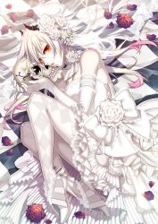  alteil_ii argyle_clothes argyle_legwear bad_link demon_girl dress female flower high_heels highres horns jpeg_artifacts miogrobin shoes skull solo thighhighs veil wedding_dress white_hair white_theme 