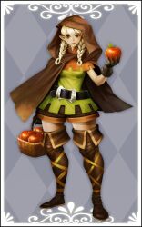  apple belt boots braid brown_eyes brown_shorts cloak commentary_request dragon&#039;s_crown elf elf_(dragon&#039;s_crown) female food fruit gloves highres hip_focus holding holding_food holding_fruit hood lips pointy_ears shorts solo thigh_boots thighhighs trickyagura twin_braids white_hair wide_hips 