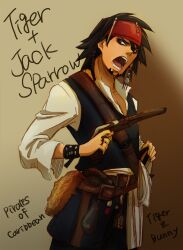  1boy brown_eyes brown_hair commentary_request cosplay eyeshadow facial_hair goatee gun handgun hirata_hiroaki holding holding_gun holding_weapon jack_sparrow jack_sparrow_(cosplay) kaburagi_t._kotetsu kairi622 makeup male_focus open_mouth parody photoshop_(medium) pirate pirates_of_the_caribbean solo teeth tiger_&amp;_bunny vest voice_actor_connection weapon 