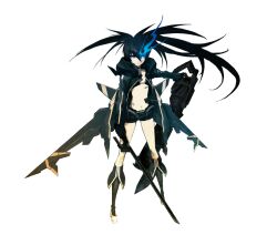  bikini bikini_top_only black_hair black_rock_shooter black_rock_shooter_(character) black_rock_shooter_(game) blue_eyes boots female flaming_eye full_body glowing huke jacket jetpack long_hair navel official_art solo stella_(black_rock_shooter) swimsuit sword transparent_background twintails weapon wings 