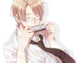  1boy america_(hetalia) axis_powers_hetalia blonde_hair closed_eyes commentary_request glasses harmonica instrument male_focus md5_mismatch necktie solo yousan 