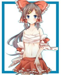  bad_id bad_pixiv_id bare_shoulders blue_eyes bow brown_hair detached_sleeves female flat_chest groin hair_ornament hair_ribbon hair_tubes hairbow hairclip hakurei_reimu highres long_hair looking_at_viewer midriff navel no_shirt ofuda pasutel ponytail red_bow red_skirt ribbon sarashi simple_background skirt solo touhou 