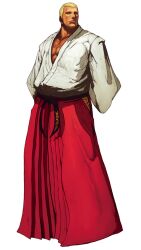  1boy belt blonde_hair dougi fatal_fury geese_howard hakama hakama_skirt highres japanese_clothes male_focus martial_arts_belt muscular nona official_art photoshop_(medium) red_hakama simple_background skirt solo the_king_of_fighters the_king_of_fighters_2002 white_background 