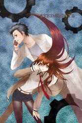  1boy bad_id bad_pixiv_id blue_eyes brown_hair cellphone female highres jacket lab_coat makise_kurisu necktie okabe_rintarou pantyhose pantyhose_under_shorts phone photoshop_(medium) red_necktie shorts steins;gate yukimitsuki 