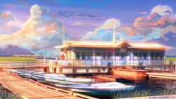  arsenixc boat building cloud collaboration commentary_request everlasting_summer grass no_humans original outdoors pier rowboat scenery sky train vvcephei water watercraft 