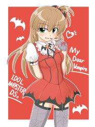  bat_(animal) brown_hair commentary_request dress female fingerless_gloves garter_straps gloves green_eyes heart idolmaster idolmaster_dearly_stars long_hair my_dear_vampire_(idolmaster) oerba_yun_fang sakurai_yumeko side_ponytail solo spider_web_print thighhighs wagomu17 