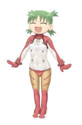  4chan :d ^_^ adapted_costume arms_at_sides bodysuit bracer closed_eyes covered_navel drawfag evangelion:_2.0_you_can_(not)_advance female flat_chest full_body gloves green_hair happy highres imageboard_desourced koiwai_yotsuba multicolored_bodysuit multicolored_clothes neon_genesis_evangelion non-web_source open_mouth parody parted_bangs plugsuit quad_tails rebuild_of_evangelion red_bodysuit see-through simple_background smile solo standing test_plugsuit turtleneck white_background white_bodysuit yellow_bodysuit yotsubato! 