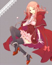  black_thighhighs bow breasts cape charlotte_(pandora_hearts) cleavage commentary_request female flower gloves hair_flower hair_ornament high_heels large_breasts long_hair pandora_hearts pink_hair red_eyes rose sanae_(mfn00) shoes solo thighhighs 