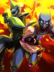  2boys armor barnaby_brooks_jr. commentary_request explosion glowing glowing_eyes male_focus multiple_boys neon_trim partial_commentary power_armor power_suit running superhero_costume tiger_&amp;_bunny unclek wild_tiger 