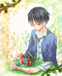  2boys arrietty bad_id bad_pixiv_id black_hair book bug female flower hii_(hii101) karigurashi_no_arrietty ladybug mini_person miniboy minigirl multiple_boys pop-up_book short_hair shou_(karigurashi_no_arrietty) spiller 