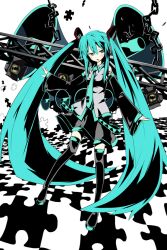  aqua_eyes aqua_hair boots commentary_request detached_sleeves female hatsune_miku jigsaw_puzzle koi_wa_sensou_(vocaloid) kuroneko_no_toorimichi long_hair megaphone necktie puzzle skirt solo stage_lights thigh_boots thighhighs twintails very_long_hair vocaloid 