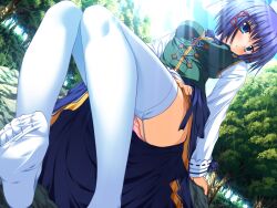  aona_masao aqua_eyes blue_hair blush dutch_angle engage_links feet female foot_focus forest game_cg garter_straps helen_(engage_links) highres long_sleeves nature nimura_yuuji no_shoes panties pink_panties short_hair sitting soles solo thighhighs underwear white_thighhighs 