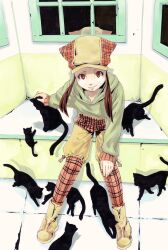  brown_hair cat_eyes cats feline flat_chest from_above hat highres hood hoodie lolicon long_hair looking_at_viewer petting plaid red_eyes sitting slit_pupils smile tail tartan yana873 