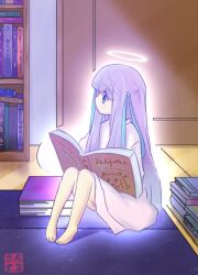  :3 aura barefoot beckitach book bookshelf cameo colorized door female floor glowing halo indoors japanese_clothes kami_nomi_zo_shiru_sekai kimono kyuubee library long_hair mahou_shoujo_madoka_magica mahou_shoujo_madoka_magica_(anime) manga_(object) mata minerva_(kaminomi) on_floor photoshop_(medium) purple_eyes purple_hair sitting solo spoilers traditional_halo wakaki_tamiki wooden_floor yukata 