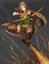  arrow_(projectile) artistic_error bad_id bad_pixiv_id boots bow_(weapon) branch brown_eyes cape dragon&#039;s_crown elf elf_(dragon&#039;s_crown) female highres long_hair pinky_out pointy_ears quiver shijima_(tanfn) solo thigh_boots thighhighs weapon white_hair zettai_ryouiki 