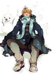  ... 1boy blonde_hair blue_eyes coat commentary_request keith_goodman male_focus sachiko_(omame) scarf sitting smile snow snowing snowman solo tiger_&amp;_bunny winter_clothes 