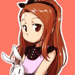  brown_eyes brown_hair commentary_request female hairband idolmaster idolmaster_(classic) long_hair minase_iori simple_background solo stuffed_animal stuffed_rabbit stuffed_toy ttomm upper_body usa-chan_(idolmaster) 