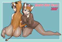  2007 2girls ass back blue_eyes boar brown_hair brown_legwear chinese_zodiac elbow_gloves feet glasses gloves hand_on_own_face legs looking_back multiple_girls new_year open_mouth original pantyhose simple_background sweater tail uraharukon year_of_the_pig 