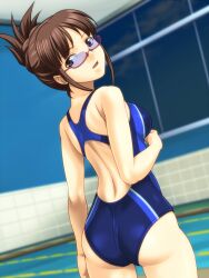  akizuki_ritsuko ass brown_eyes brown_hair commentary_request competition_swimsuit female folded_ponytail glasses idolmaster idolmaster_(classic) idolmaster_2 long_hair looking_back muhi11234 one-piece_swimsuit solo swimsuit 