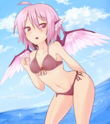  adapted_costume ahoge animal_ears arched_back ayagi_daifuku bikini commentary_request female hat head_wings mystia_lorelei navel ocean pink_hair red_eyes short_hair side-tie_bikini_bottom solo swimsuit touhou wings 