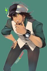  1boy bad_id bad_pixiv_id brown_hair cabbie_hat commentary_request facial_hair goatee hat kaburagi_t._kotetsu male_focus mikami necktie smile solo sparkle tiger_&amp;_bunny vest watch wristwatch yellow_eyes 