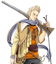  1boy axis_powers_hetalia blonde_hair blue_eyes commentary_request gun male_focus md5_mismatch musket netherlands_(hetalia) sherry_lai simple_background solo weapon white_background 