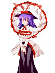  absurdres ascot capelet commentary_request female frills hat hat_ribbon highres honda_takaharu nagae_iku purple_hair red_eyes ribbon scarf shawl smile solo touhou transparent_background v_arms 