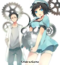  1boy bad_id bad_pixiv_id black_hair blue_eyes dress female hat lab_coat okabe_rintarou pun2 shiina_mayuri shorts steins;gate yellow_eyes 