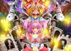  2girls alice_(alice_in_wonderland) alice_in_wonderland animal_ears axe bad_id bad_pixiv_id blonde_hair bow bracelet breasts castle choker cleavage corset crown elbow_gloves frills gloves glowing hair_ornament hairbow heart heart_crown jewelry jigsaw_puzzle light_purple_hair medium_breasts multiple_girls open_mouth original puzzle puzzle_piece rabbit_ears red_eyes twintails upside-down weapon white_rabbit_(alice_in_wonderland) yuzu_izumi 