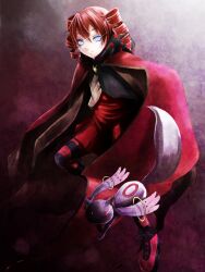  :3 bad_id bad_pixiv_id blue_eyes cape charlotte_(madoka_magica) drill_hair female glowing glowing_eyes highres kyuubee mahou_shoujo_madoka_magica mahou_shoujo_madoka_magica_(anime) personification red_eyes red_hair reio_reio short_hair skirt 