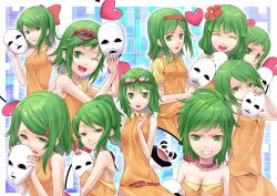  6+girls :o ;d ^_^ bad_id bad_pixiv_id bare_shoulders belt breasts cleavage closed_eyes collar collarbone dress flower goggles goggles_on_head green_eyes green_hair grin gumi hair_flower hair_ornament heart highres holding juu_mensou_(vocaloid) looking_at_viewer mask medium_breasts multiple_girls multiple_views one_eye_closed open_mouth short_hair smile tokumaro vocaloid 